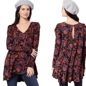 Free People Hello Lover NOIR Floral Print Ruched Tunic Top Size Small